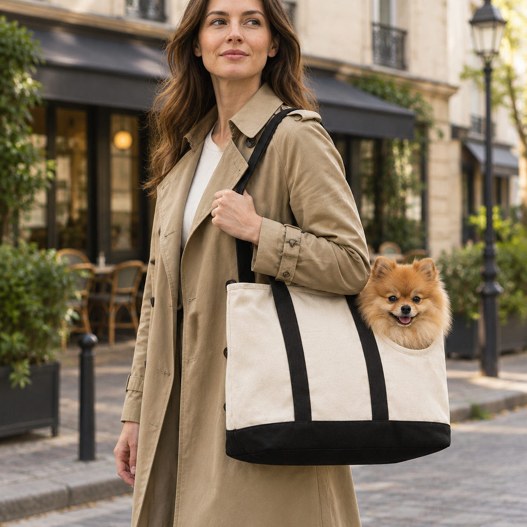 Canvas Pet Tote Bag – Small Dog and Cat Carrier with Front Opening, Safety Clip and Pocket, 31 x 24 x 22 cm