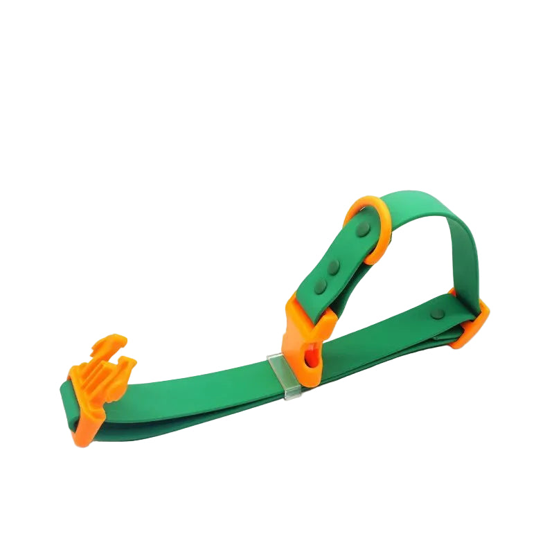 Two-tone PVC dog collar, green strap with orange buckle and D-ring