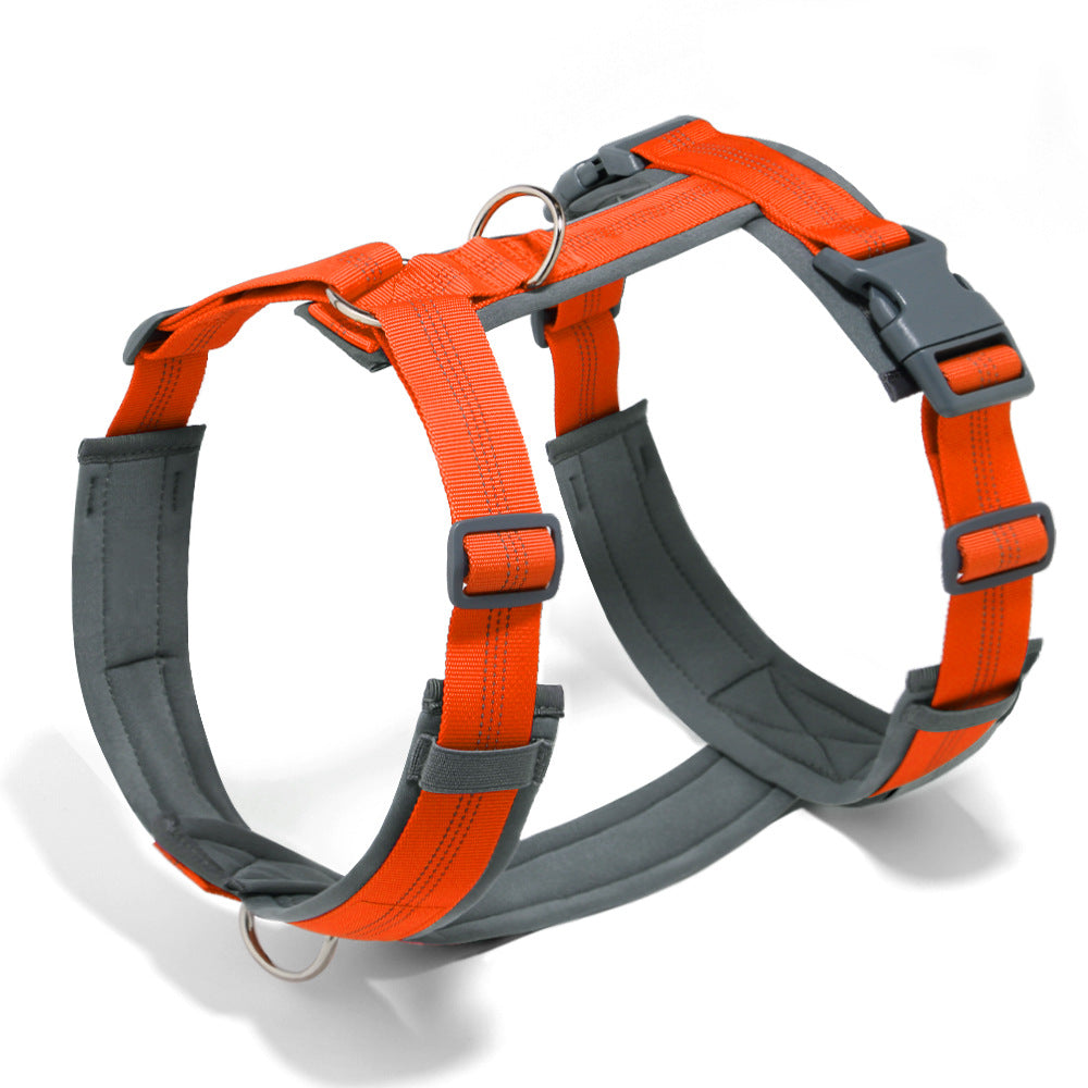 Orange padded neoprene dog harness with grey lining, side-release buckles and front and back metal rings