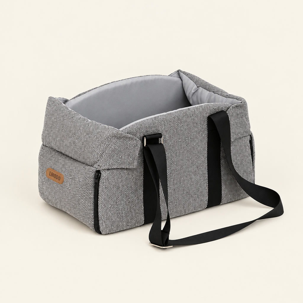 Grey pet carrier bed on an off-white background