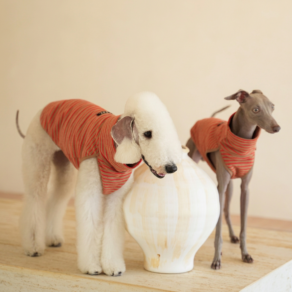 White and grey dogs wearing matching brown and red-striped Autumn Stripes sleeveless vests beside a white vase.