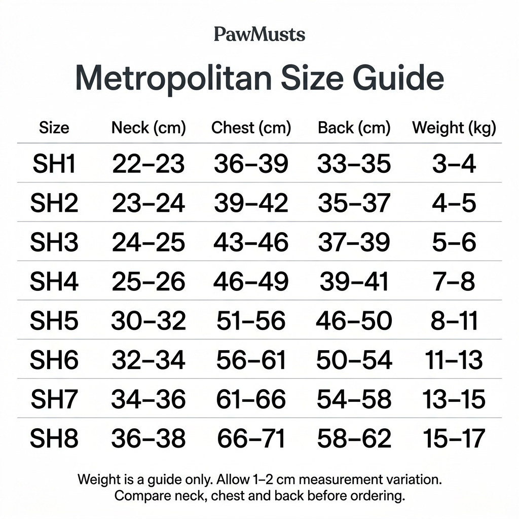 PawMusts Metropolitan coat size guide for SH1–SH8, with neck, chest and back measurements in cm and suggested weight in kg. Full measurements are also provided in the text size guide.