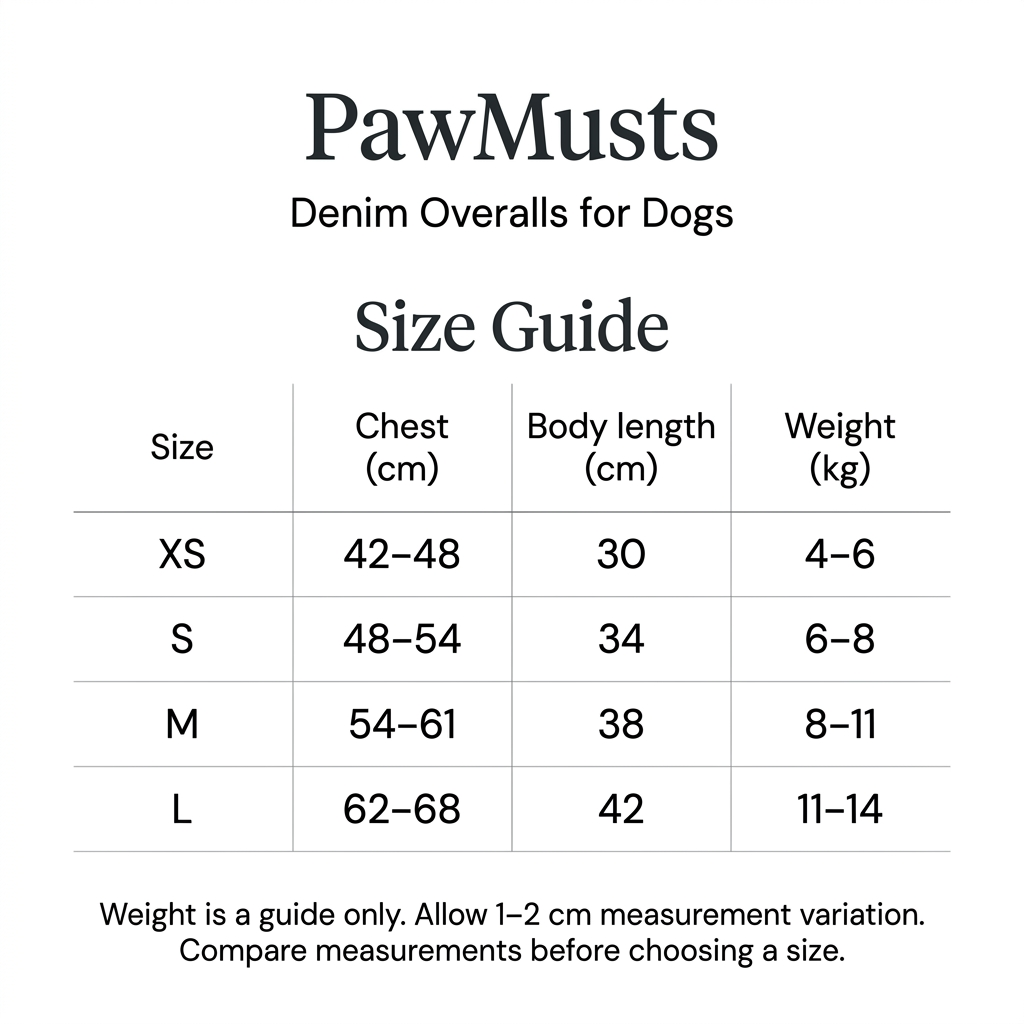PawMusts Denim Overalls size chart XS–L showing chest ranges and body length in centimetres and suggested weight in kilograms.