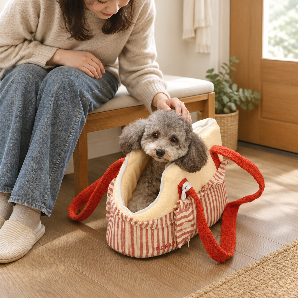 Owner beside a small poodle in a striped pet carrier at home