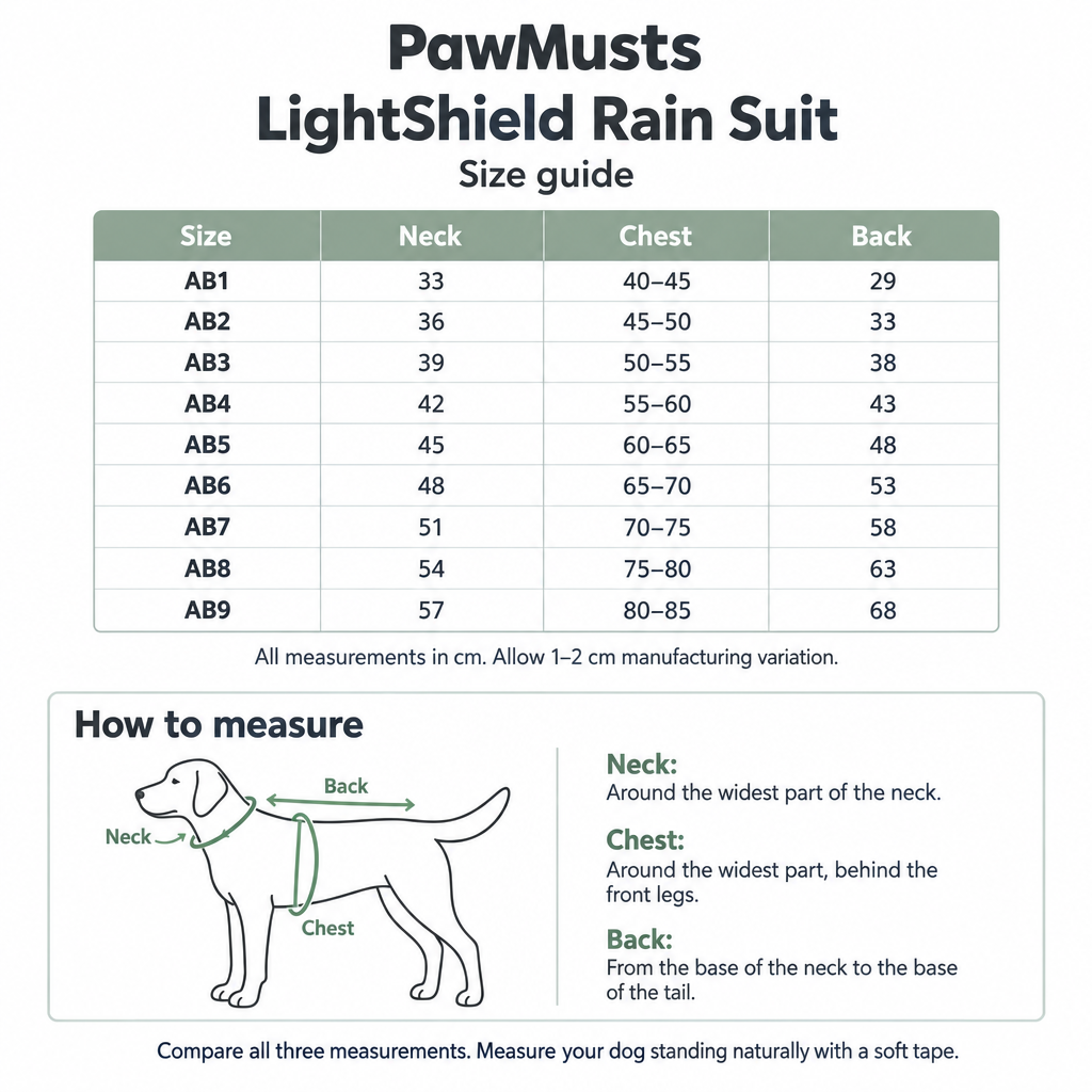 PawMusts LightShield size guide