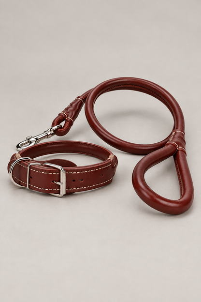PU leather dog collar and lead set in Coffee Brown