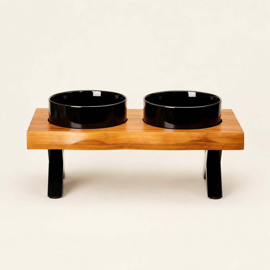 Raised Double Pet Bowl Stand – Ceramic, Stainless Steel or Slow Feeder Bowls