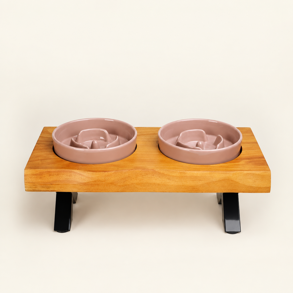 Raised Double Pet Bowl Stand – Ceramic, Stainless Steel or Slow Feeder Bowls