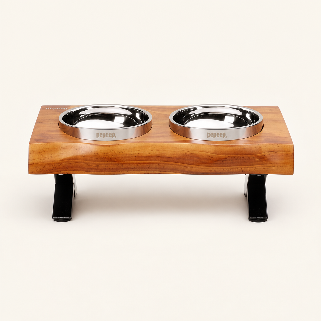 Raised Double Pet Bowl Stand – Ceramic, Stainless Steel or Slow Feeder Bowls