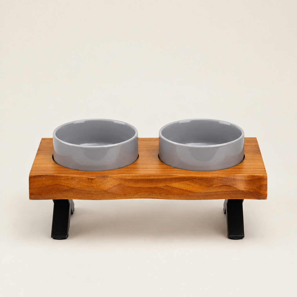 Raised Double Pet Bowl Stand – Ceramic, Stainless Steel or Slow Feeder Bowls