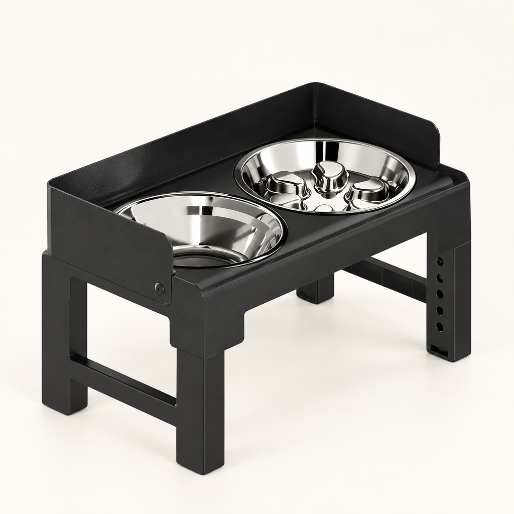 6-Height Adjustable Dog Bowl Stand - Raised Double Feeder with Slow Feeder Option for Large Dogs