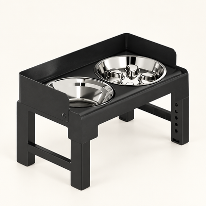 6-Height Adjustable Dog Bowl Stand - Raised Double Feeder with Slow Feeder Option for Large Dogs