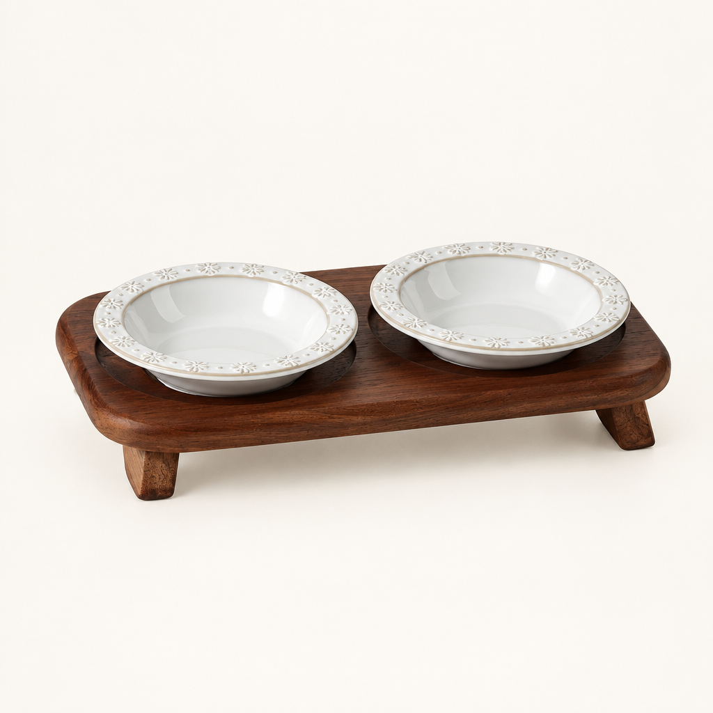 Embossed Ceramic Cat Bowl – Snowflake Bowl or Dish, Single or Pair on an Acacia Wood Stand