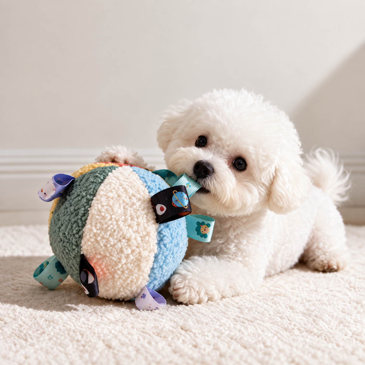 Plush Squeaky Dog Ball with Ribbon Tabs for Small Dogs