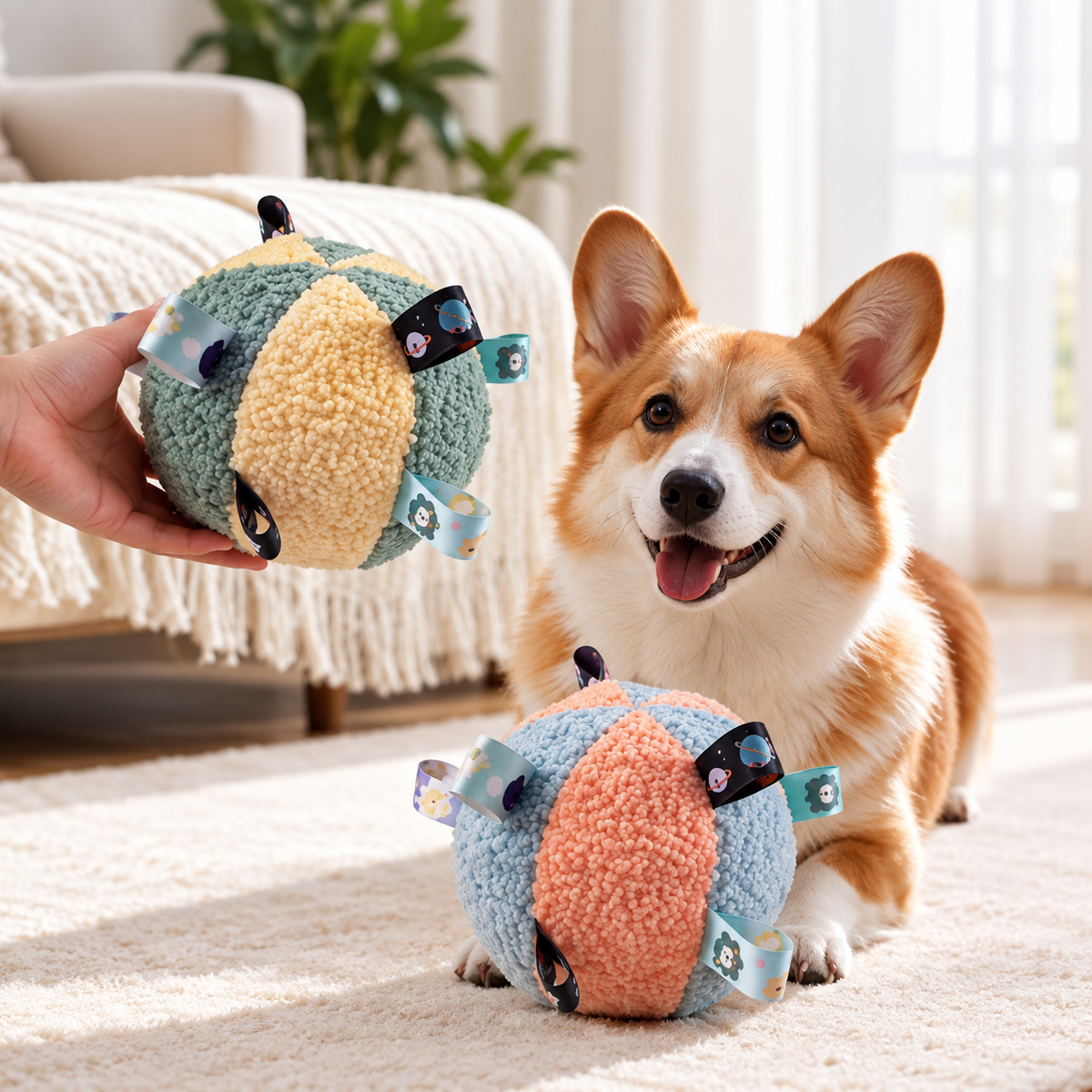 Plush Squeaky Dog Ball with Ribbon Tabs for Small Dogs