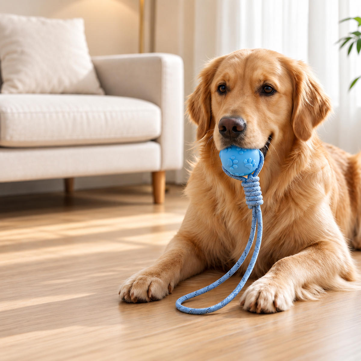 Rubber Dog Ball on Rope, Treat Dispenser and Tug Toy