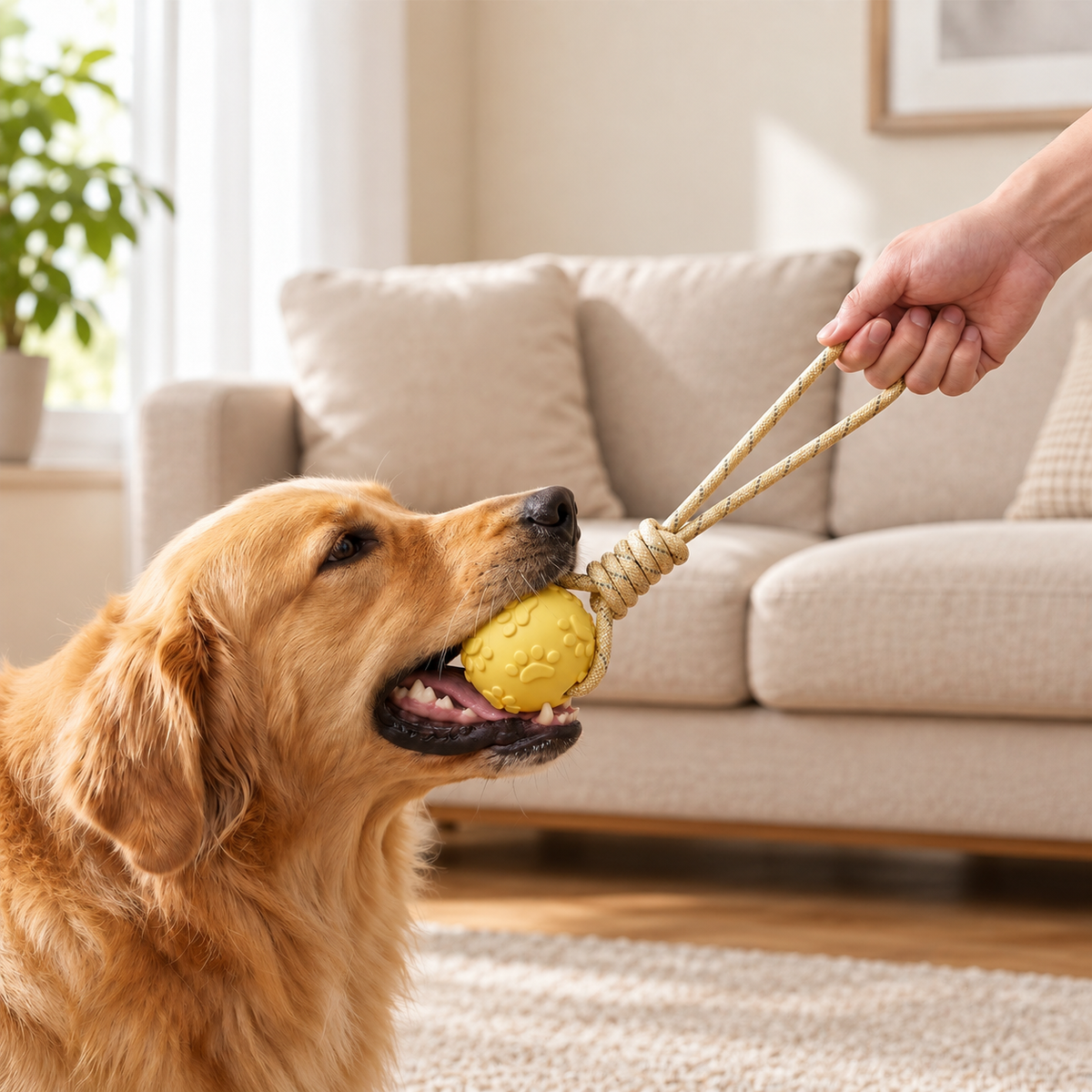 Rubber Dog Ball on Rope, Treat Dispenser and Tug Toy