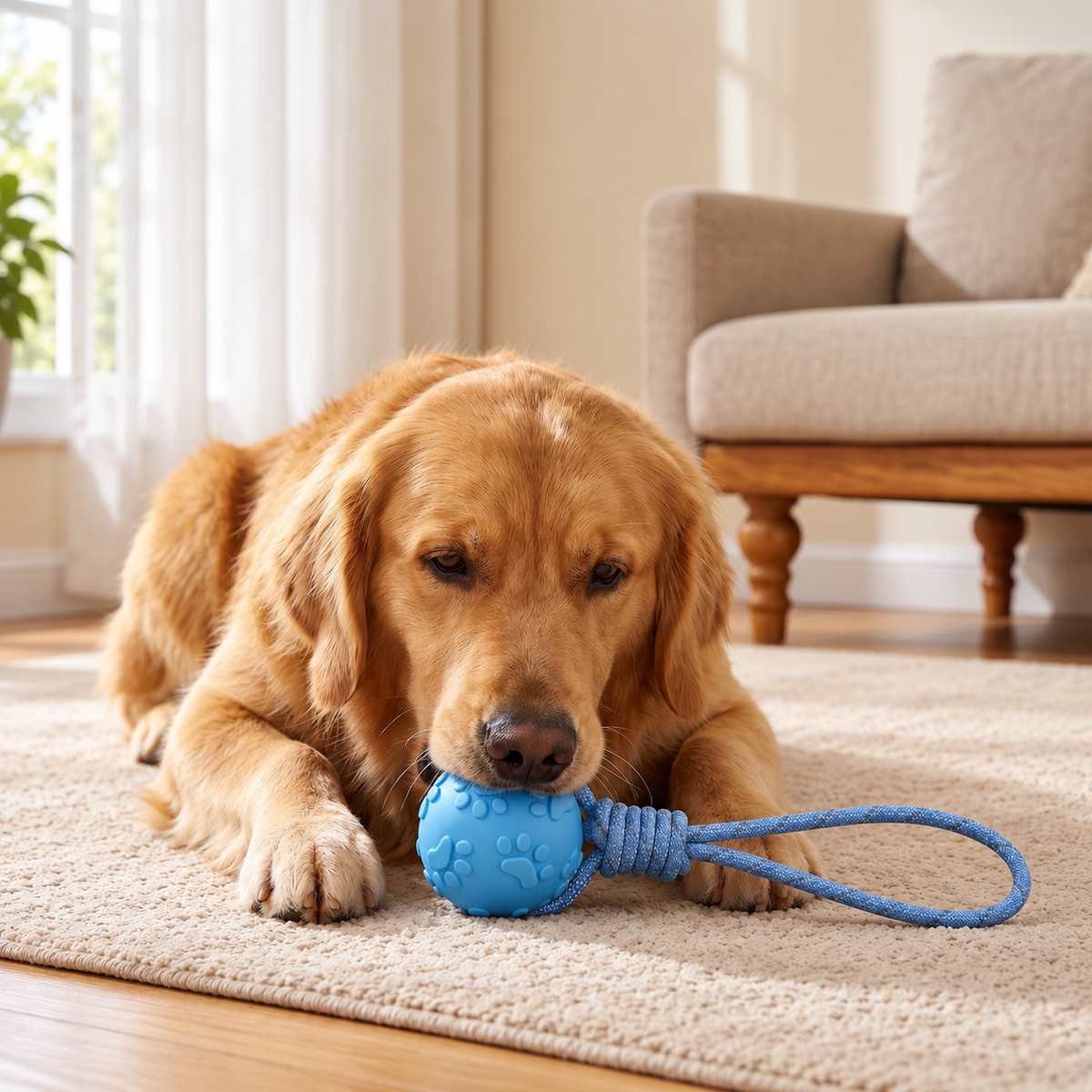 Rubber Dog Ball on Rope, Treat Dispenser and Tug Toy