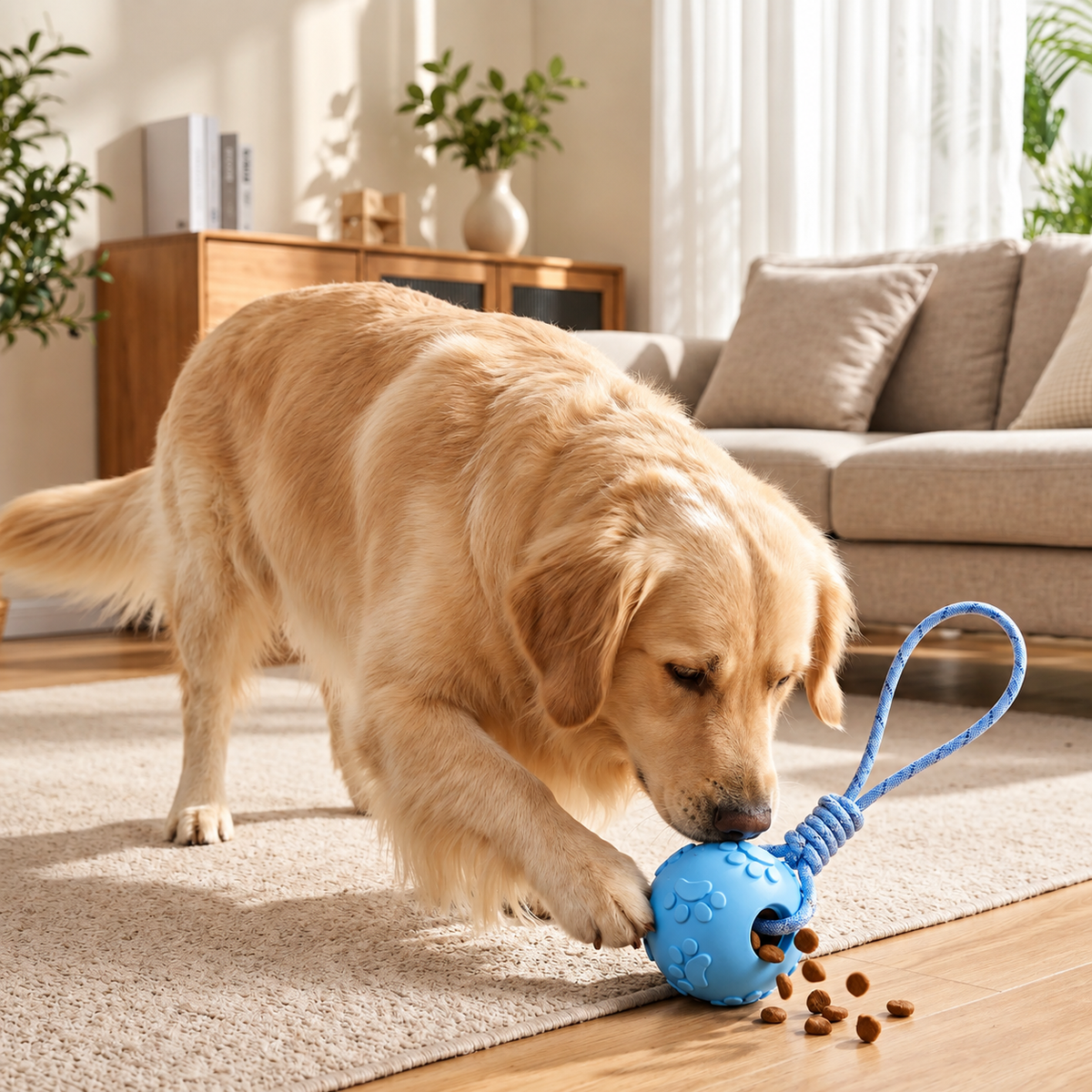 Rubber Dog Ball on Rope, Treat Dispenser and Tug Toy