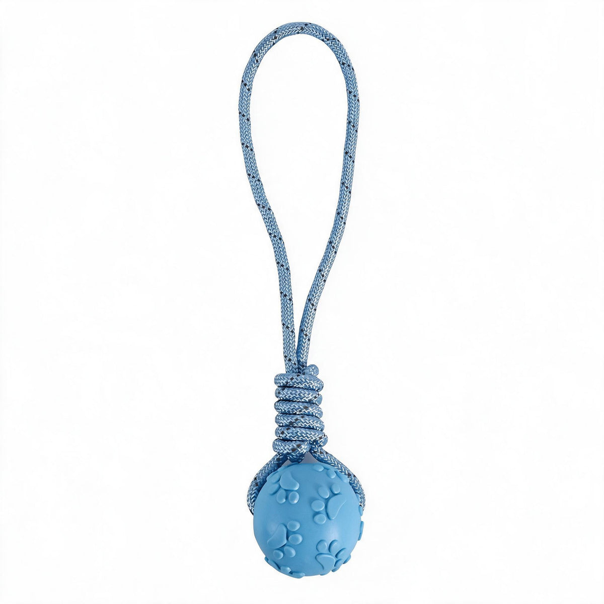 Blue rubber paw print dog ball on rope, shown full length with the looped tug handle