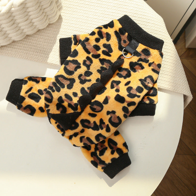 Black leopard print fleece pet suit with black ribbed trim