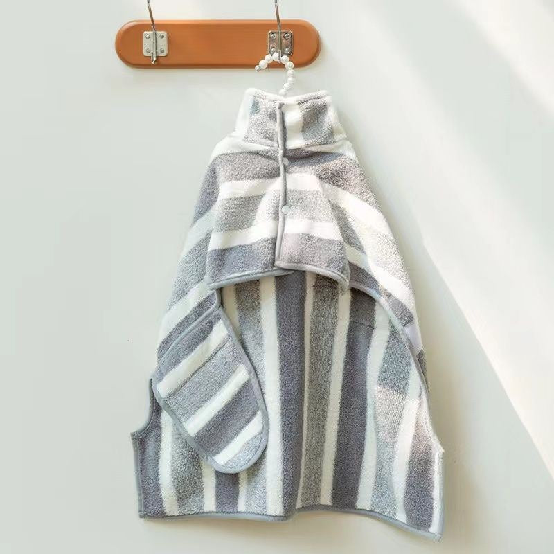 Grey striped towelling dog bathrobe on a hanger, showing the stand collar and four leg tubes