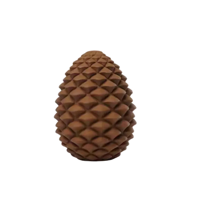 Brown rubber pine cone dog treat toy with layered scales, 86mm across and 114mm tall