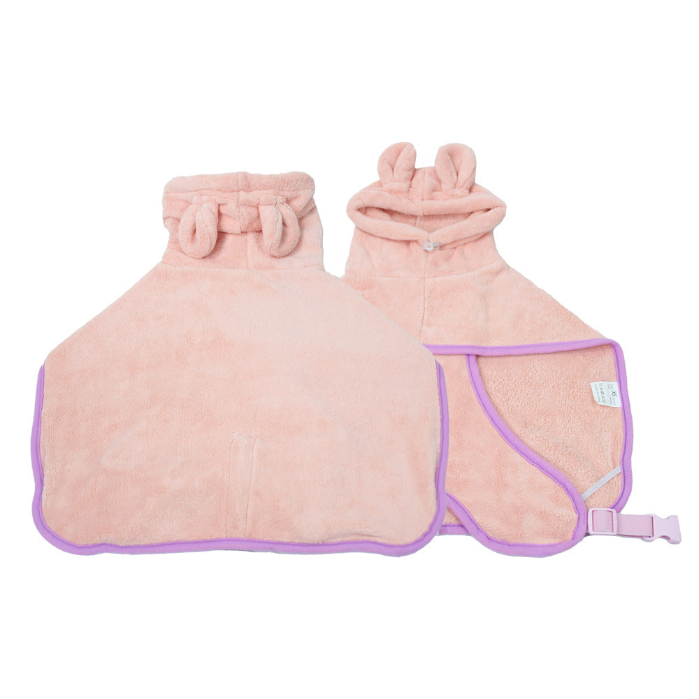 Blush pink coral fleece dog bathrobe with lilac binding, eared hood and buckle strap