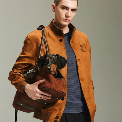 Suede-Feel Pet Tote Bag – Small Dog and Cat Carrier with Safety Leash, Hand or Shoulder Carry, Reddish Brown