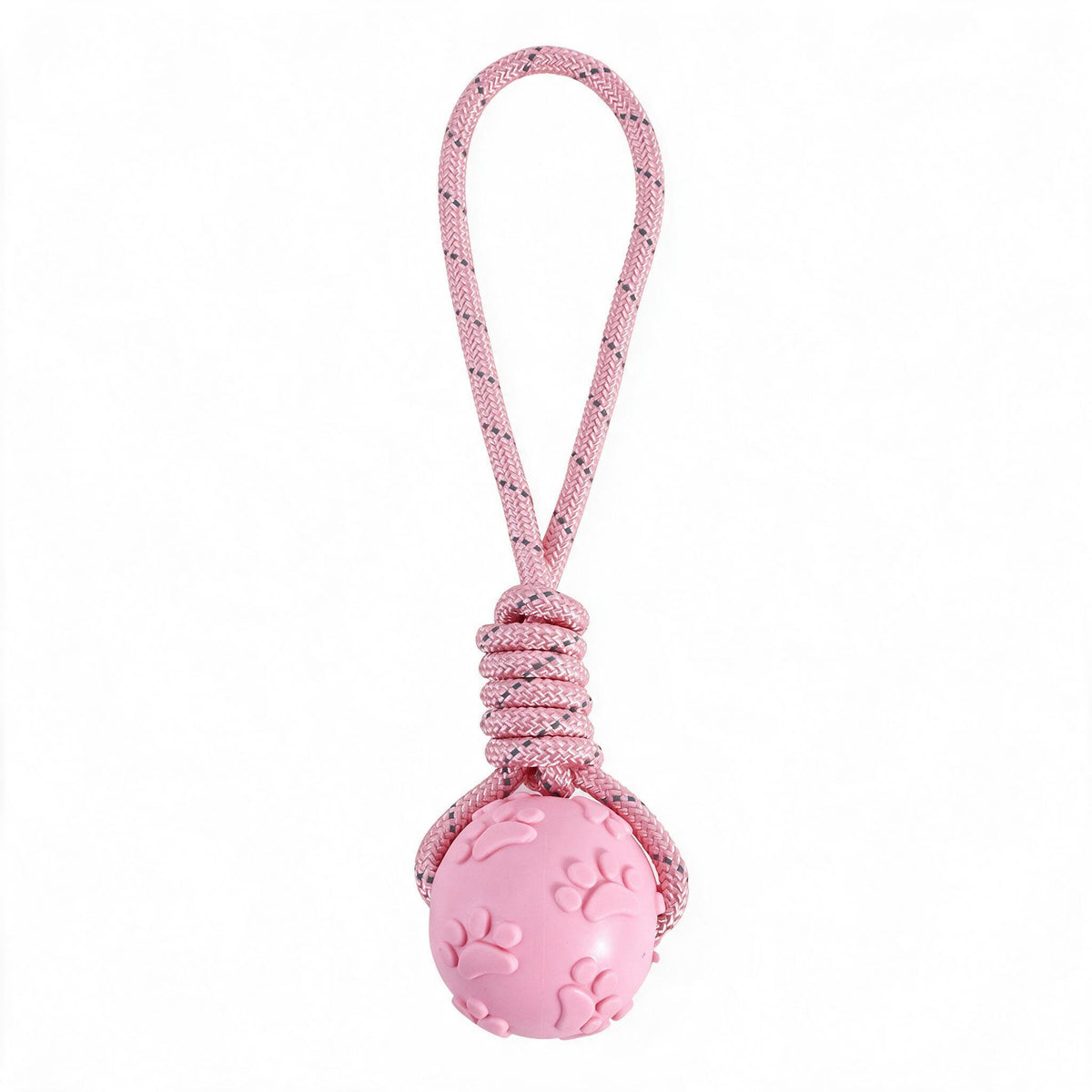 Pink rubber paw print dog ball on a matching flecked rope with a knotted handle
