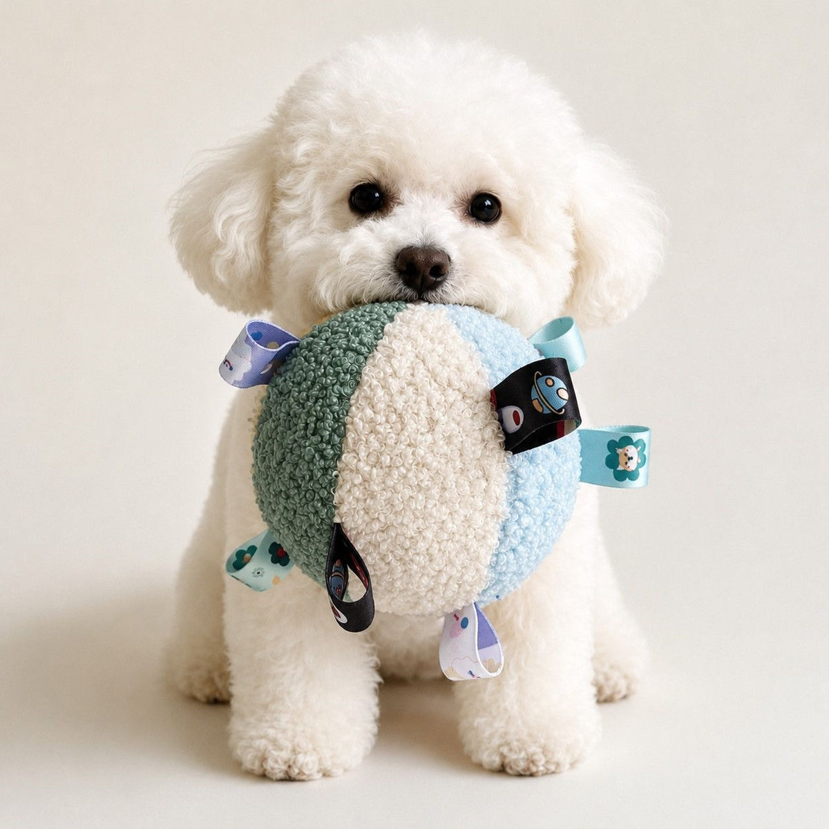 Green, cream and blue panelled plush dog ball with six printed ribbon tabs
