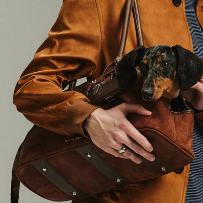 Suede-Feel Pet Tote Bag – Small Dog and Cat Carrier with Safety Leash, Hand or Shoulder Carry, Reddish Brown