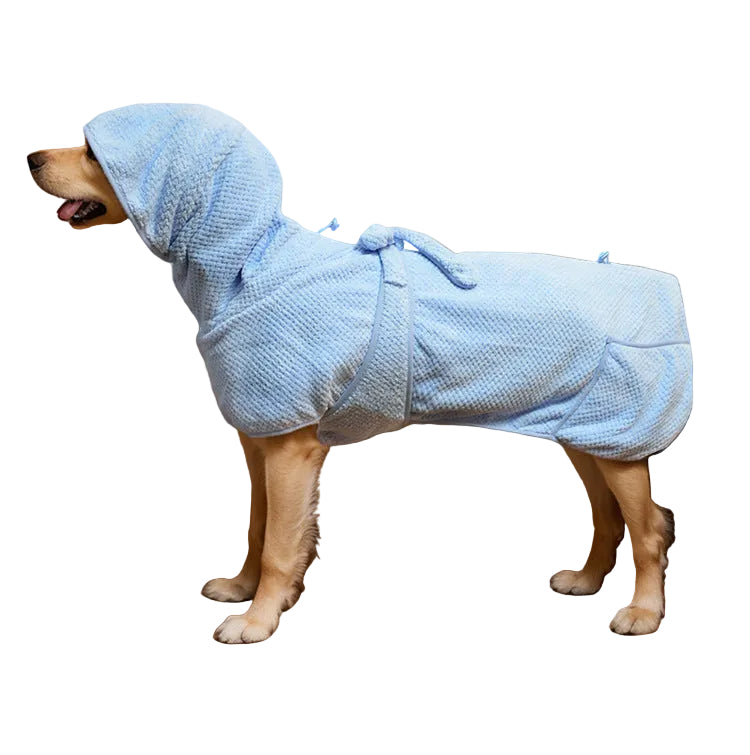 Powder blue waffle towelling dog bathrobe with a hood and tie belt, worn by a golden retriever