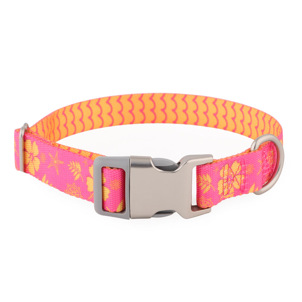Pink Tropical printed nylon dog collar: yellow flowers, leaves and starfish on pink, orange wave print inside