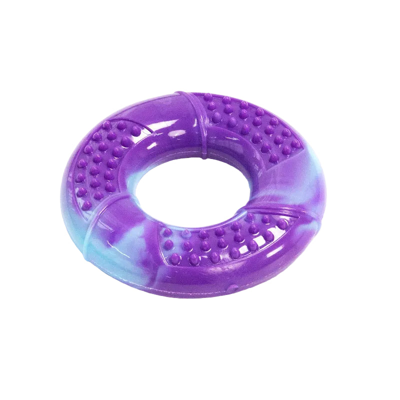 Purple and blue marbled TPR ring dog chew, 10cm across, with nubbed panels