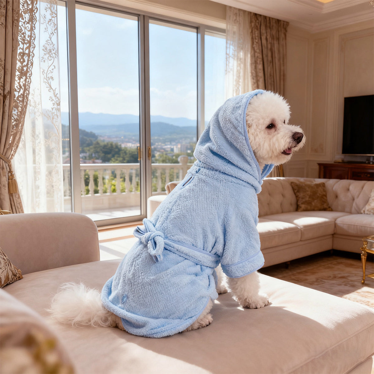 Waffle Towelling Dog Bathrobe - Hooded Drying Robe with Tie Belt and Pocket, L to 6XL