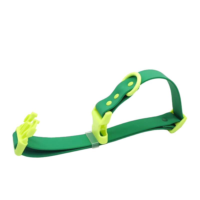 Two-tone PVC dog collar, green strap with lime green buckle and D-ring