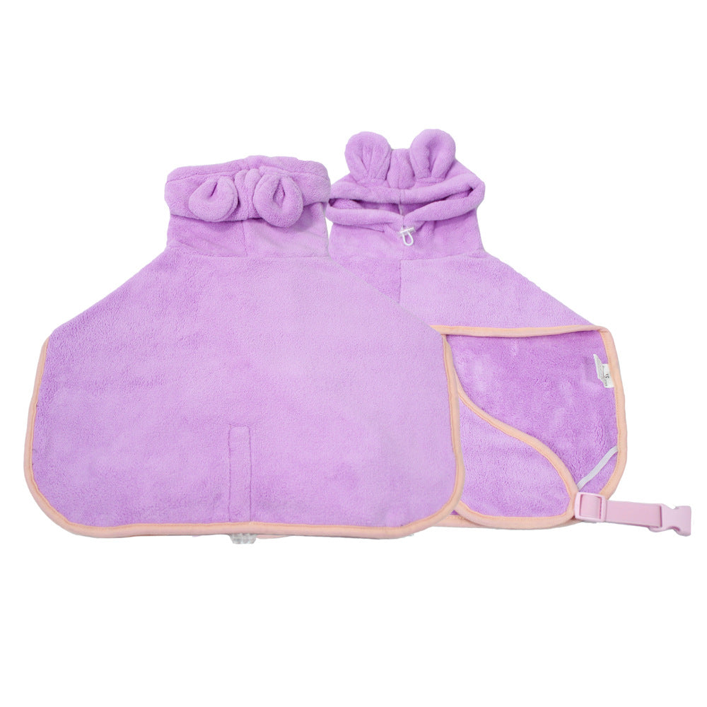 Lilac coral fleece dog bathrobe with an eared hood and peach binding, shown front and back
