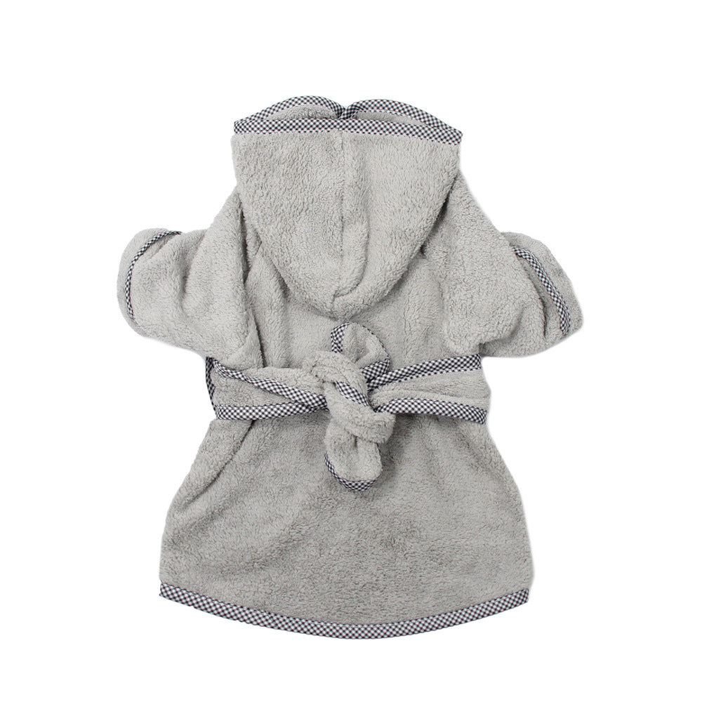 Grey hooded coral fleece pet bathrobe with a tie belt, shown from the back