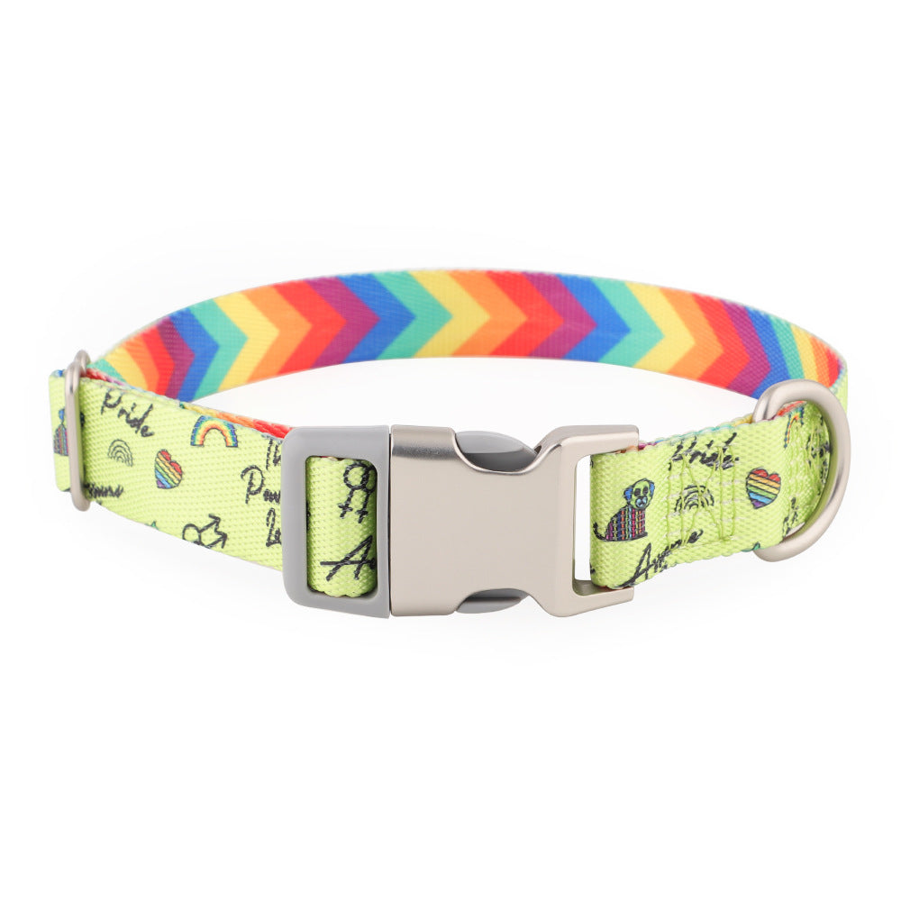 Rainbow Pride printed nylon dog collar: lime print with rainbows and hearts, rainbow chevron lining