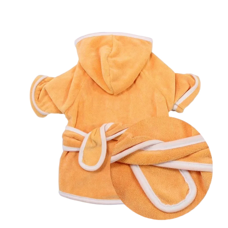 Orange hooded coral fleece pet bathrobe with a tie belt, shown from the back
