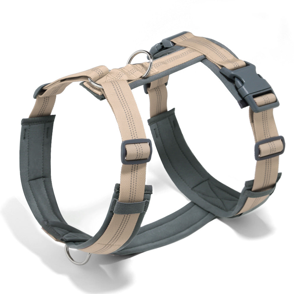 Beige padded neoprene dog harness with grey lining, side-release buckles and front and back metal rings