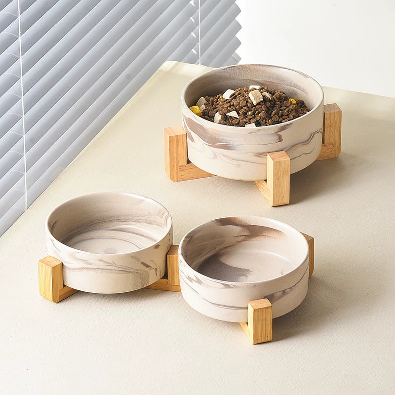 Marble Ceramic Pet Bowl with Bamboo Stand