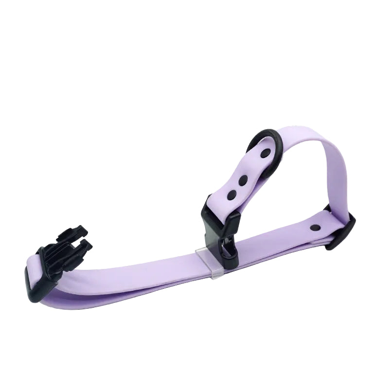 Two-tone PVC dog collar, lilac strap with black buckle and D-ring
