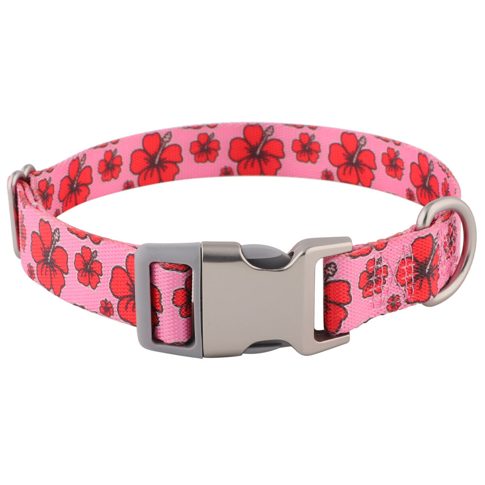Red Hibiscus printed nylon dog collar: red hibiscus flowers on pink, same print inside