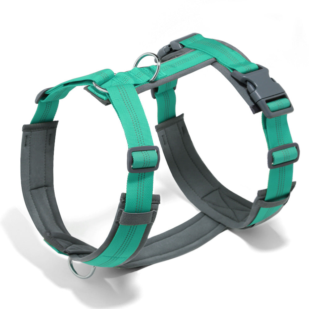 Green padded neoprene dog harness with grey lining, side-release buckles and front and back metal rings