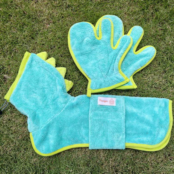 Dinosaur Dog Bathrobe and Mitt Set - Hooded Drying Robe with Spines, S to 6XL for 3 to 35kg