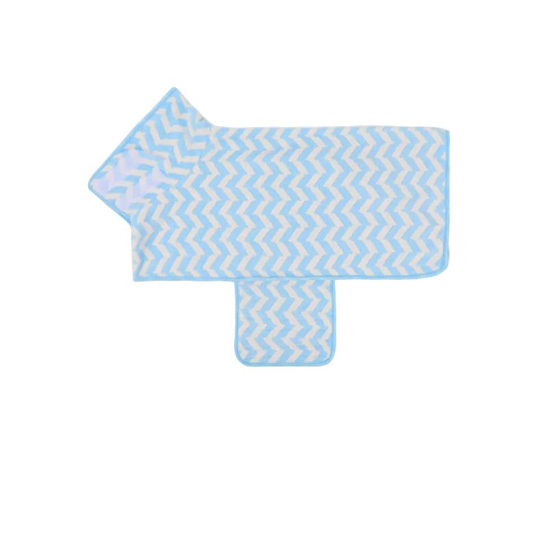 Blue zigzag pet drying wrap with bound edges, laid flat