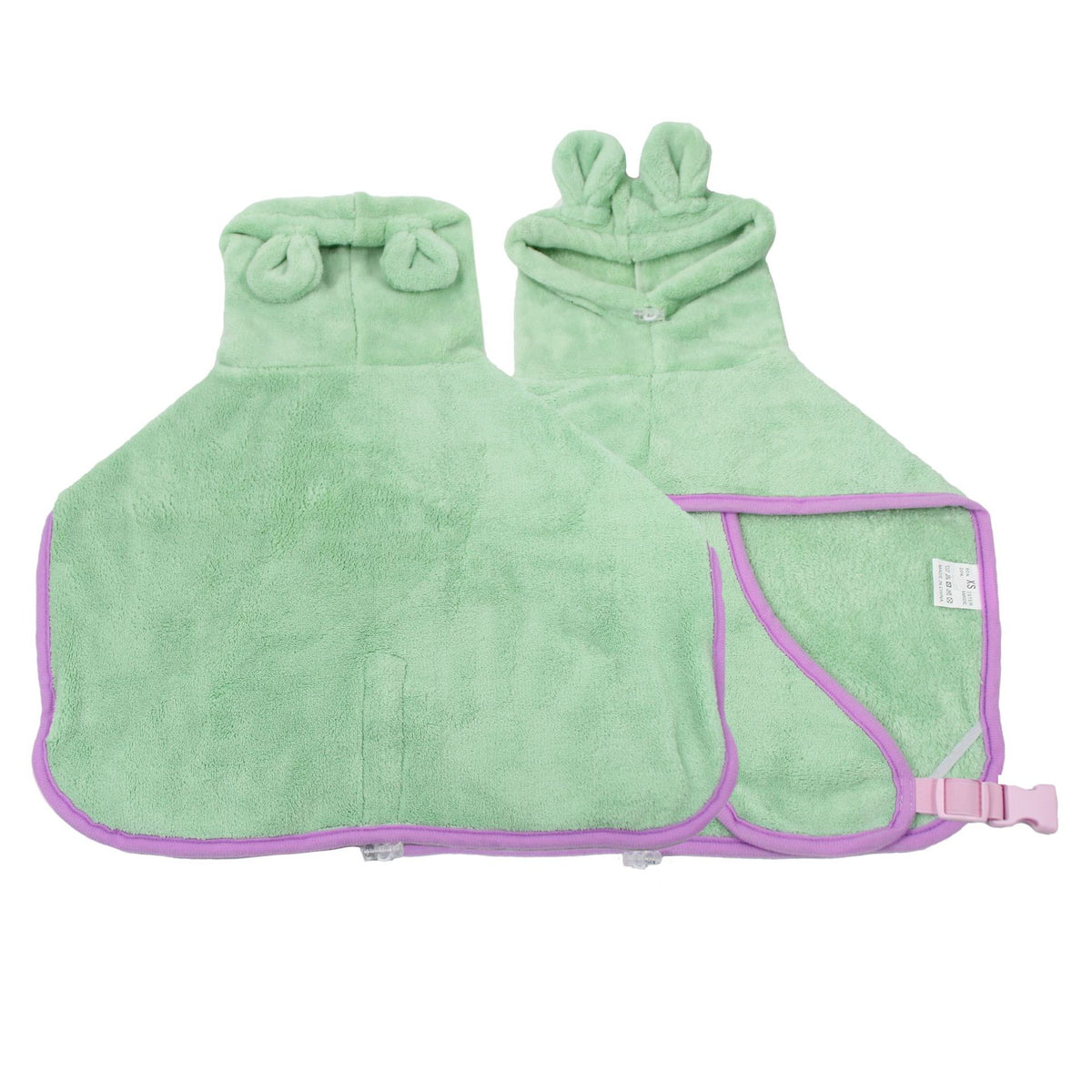 Mint green coral fleece dog bathrobe with lilac binding and an eared hood, laid flat