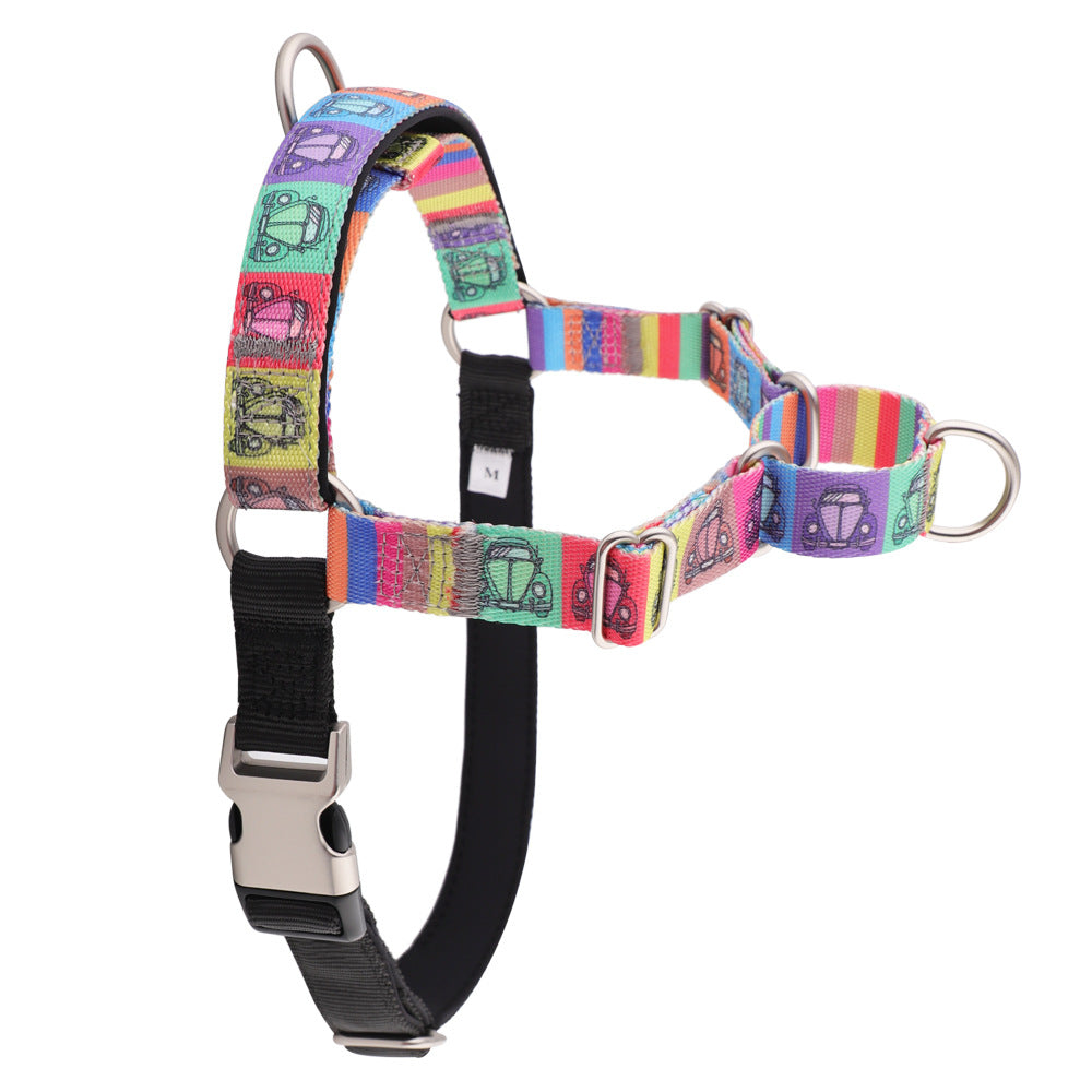 Vintage Car printed nylon dog harness: retro cars on colour blocks, black padded belly strap and front D-ring